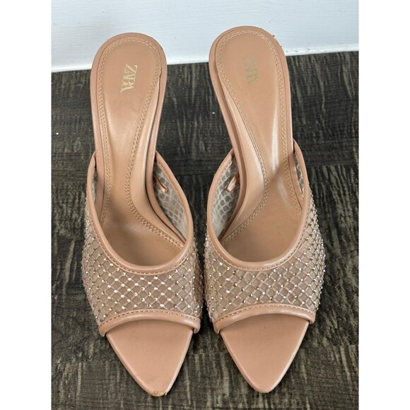 ZARA Nude Beige Embellished Mesh Heels Womens Slip-On Stiletto Size 39 / US 8 - Picture 1 of 12